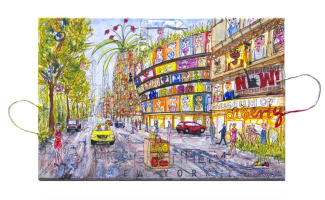 Thitz: NY Guggenheim Bag Museum Utopia, Acryl und Tüten auf Leinwand, 40 x 60 cm, 6000 Euro