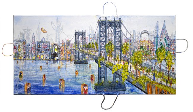 Thitz: NY Manhattan Bridge Utopia, 2025, Acryl und Tüten auf Leinwand, 50 x 100 cm, 9000 Euro