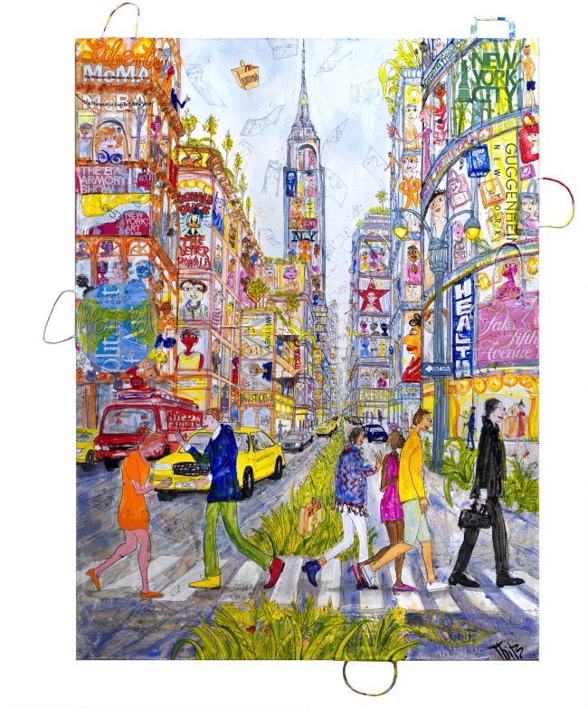 Thitz: NYC Bag Art Future, 2025, Acryl und Tüten auf Leinwand, 160 x 120 cm, 16800 Euro