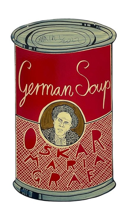 Moritz Götze: Oscar Maria Graf (German Soup), 2022, Emailmalerei auf Stahl, 60 x 34 cm, 2000 Euro