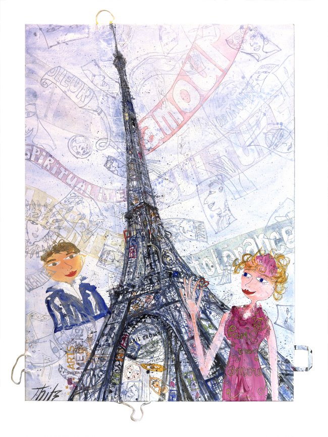 Thitz: Paris, 2015, Acryl und Tüten auf Leinwand, 140 x 100 cm, 14400 Euro