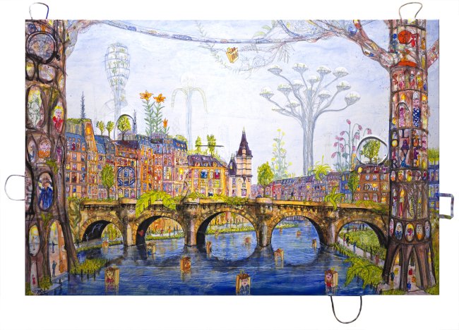 Thitz: Paris Seine Utopia, 2026, Acryl und Tüten auf Leinwand, 120 x 180 cm, 18000 Euro