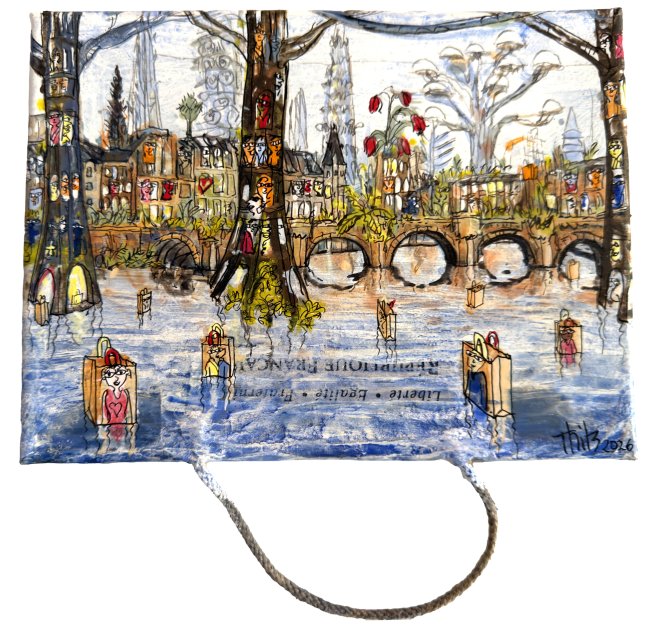 Thitz: Paris ultimate Utopie, 2026, Acryl und Tüten auf Leinwand, 18 x 24 cm, 2520 Euro