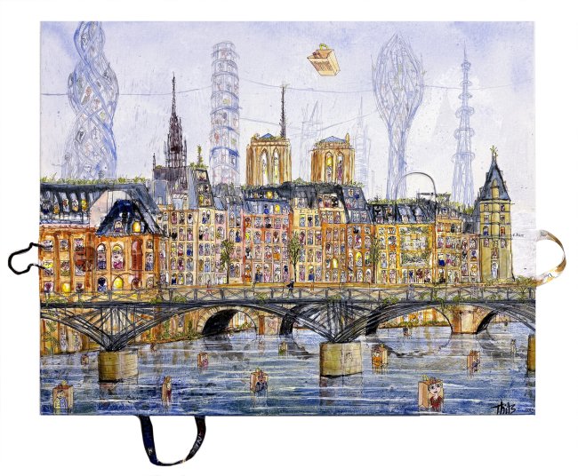 Thitz: Paris Utopie, 2025, Acryl und Tüten auf Leinwand, 80 x 100 cm, 10800 Euro