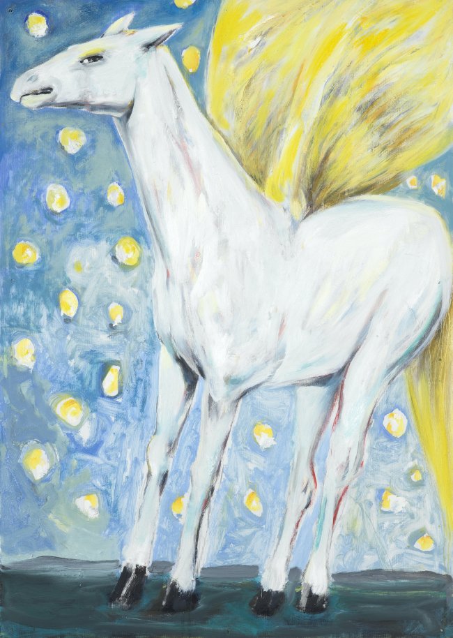 Harald Reiner Gratz: Pegasus, 2021, Öl auf Wellpappe, 118 x 84 cm, 6060 Euro