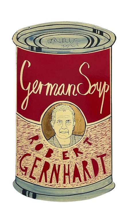 Moritz Götze: Robert Gernhardt (German Soup), 2022, Emailmalerei auf Stahl, 60 x 34 cm, 2000 Euro