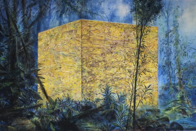 Wieland Payer: Satellit, 2024, Pastell, Kohle, Aquarell und Tusche auf grundiertem MDF, 100 x 150 cm, 8300 Euro