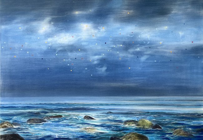 Wieland Payer: Schwarm, 2025, Pastell, Kohle und Aquarell auf Leinwand, 80 x 120cm, 6600 Euro