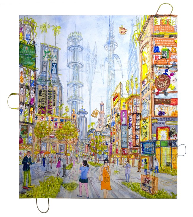Thitz: Shanghai, 2025, Acrylfarben und recycelte Papiertüten auf Leinwand, 140 x 120 cm, 15600 Euro