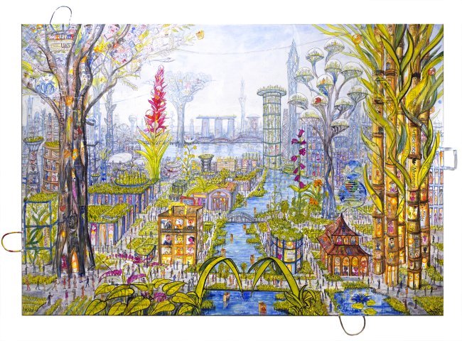 Thitz: Singapur Ultimate Utopia, 2026, Acryl und Tüten auf Leinwand, 140 x 200 cm, 20400 Euro