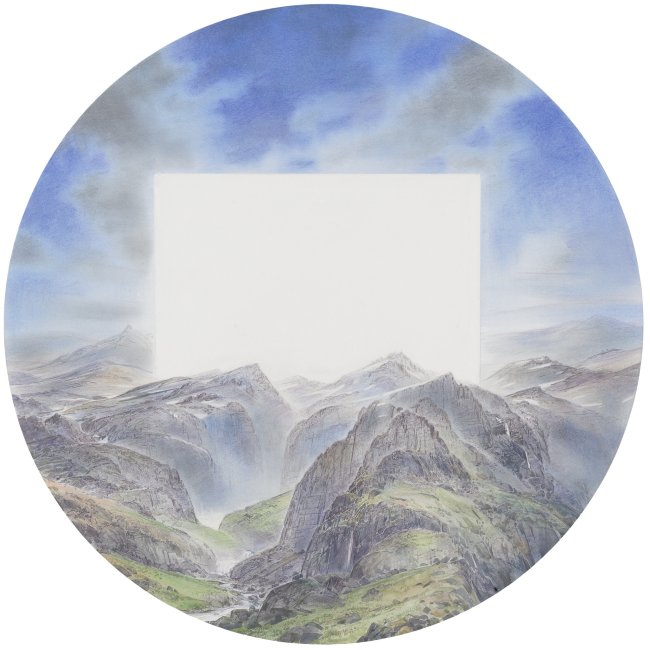 Wieland Payer: Tal, 2020, Pastell und Aquarell auf grundiertem MDF, D.70cm