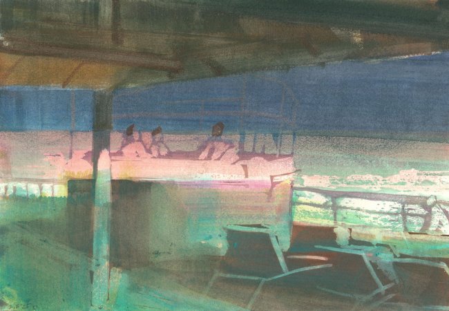 Jörg Ernert: Transatlantik - Pool - 2.Fassung, 2025, Aquarell, 21 x 31 cm, 1600 Euro