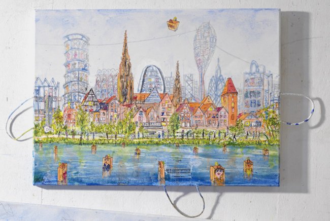 Thitz: Ulm, 2025, Acryl und Tüten auf Leinwand, 50 x 70cm, 7200 Euro