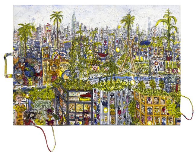 Thitz: Utopia Brasileira Sao Paulo, 2025, Acryl und Tüten auf Leinwand, 50 x 70 cm, 7200 Euro