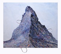Thitz: Utopia Matterhorn, 2024, Acryl und Tüten auf Leinwand, 100 x 120 cm, 13200 Euro