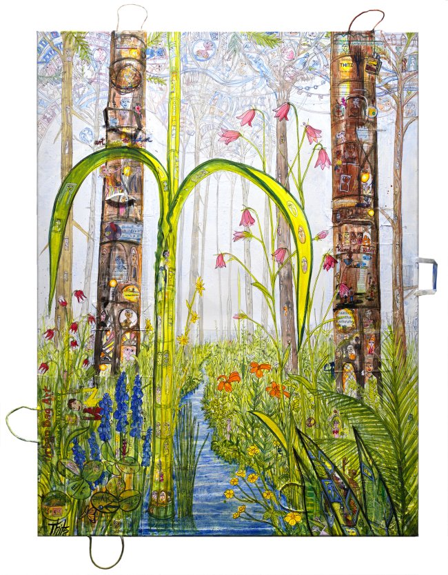 Thitz: Utopian Civilization in the Woods, 2025, Acryl und Tüten auf Leinwand, 160 x 120 cm, 16800 Euro