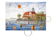 Thitz: Utopie am See, 2022, Acryl und Tüten auf Leinwand, 50 x 70 cm, 7200 Euro