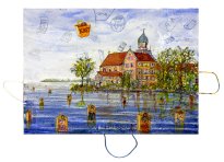 Thitz: Utopie am See, 2025, Acryl und Tüten auf Leinwand, 50 x 70 cm, 7200 Euro