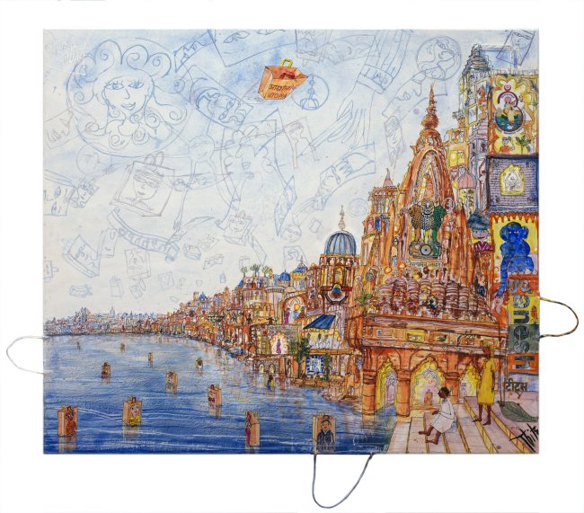 Thitz: Varanasi Bag Art Utopia, 2022, Acryl und Tüten auf Leinwand, 120 x 140 cm, 15600 Euro