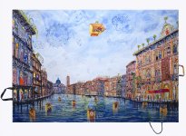 Thitz: Venezia e l'Utopia Casino, 2024, Acryl und Tüten auf Leinwand, 120 x 180 cm, 18000 Euro