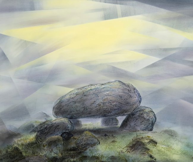 Wieland Payer: Hünengrab, 2025, Pastell und Aquarell auf Leinwand, 50 x 60 cm, 3700 Euro