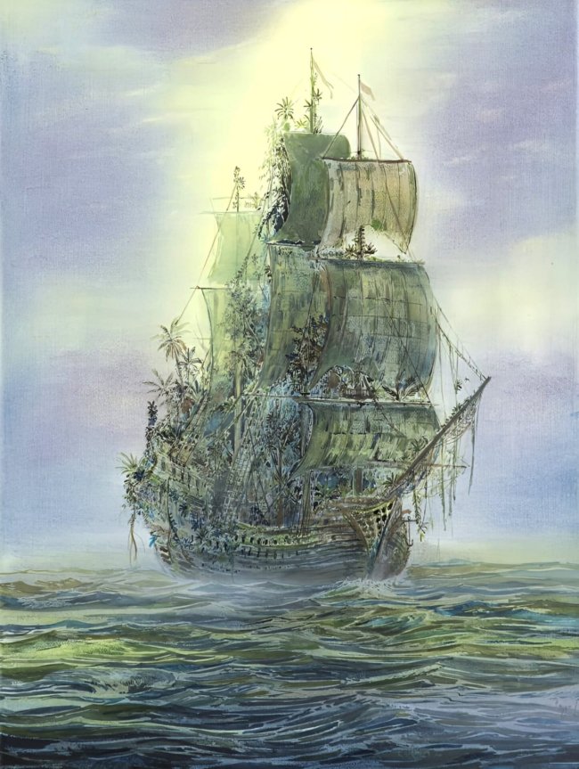 Wieland Payer: Fliegender Holländer, 2025, Pastell, Aquarell, Tusche und Kohle auf Leinwand, 40 x 30 cm, 2400 Euro