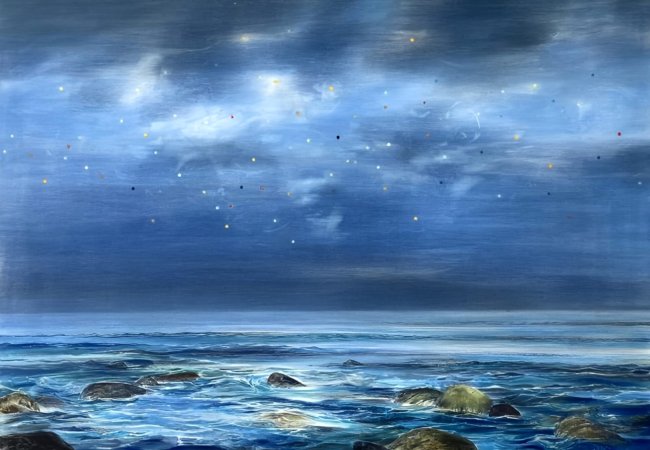 Wieland Payer: Schwarm, 2025, Pastell, Kohle und Aquarell auf Leinwand, 80 x 120cm, 6600 Euro