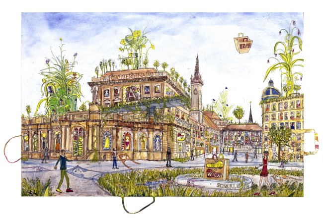 Thitz: Wien - Utopie am Albertina Museum, 2025, Acryl und Tüten auf Leinwand, 80 x 120 cm, 12000 Euro