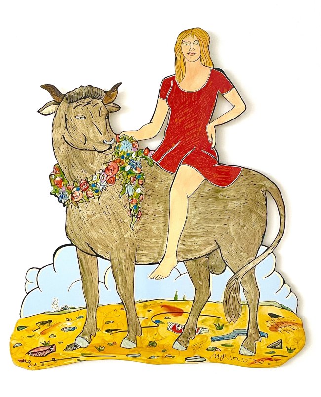 Moritz Götze: Zeus und Europa auf Reisen, 2024, Emailmalerei auf Stahl, 112 x 102 cm, 8000 Euro